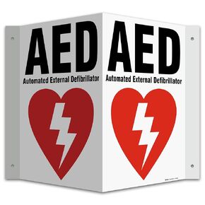 Two 8" x 10" 3-way AED Sign - 0.060" Polystyrene Plastic, Weatherproof, Clear Text & Defibrillator Symbol - Easy Installation