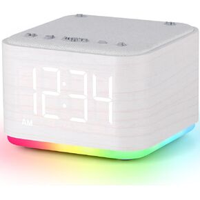 Sound Machine Alarm Clock for Bedroom：5W Stereo Bluetooth Speaker - 25 Soothing Sounds - 8 Alarm Sounds - 8 Night Light - Noise Machine for Sleeping - Wood
