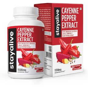 Cayenne Pepper 8000mg, Ginger 1500mg, Garlic 1500mg, Turmeric 1500mg, BeetRoot 3000mg, Black Pepper, 120 Cayenne Capsules, Support Cardiovascular & Immune System, Capsaicin Supplement Pills