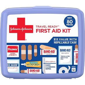 Band-Aid Travel Ready Portable Emergency First Aid Kit for Minor Wound Care with Assorted Adhesive Bandages, Gauze Pads & More, Ideal for Travel, Car & On-The-Go, 80 pc