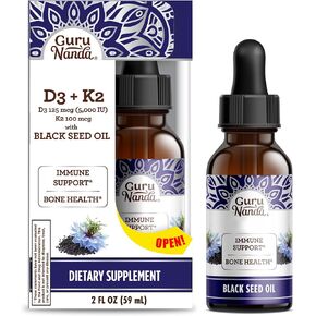 GuruNanda Black Seed Oil, Cold-Pressed Nigella Sativa - Rich in Vitamin D3 5000 Units, K2 & E, High Thymoquinone | Potent Antioxidant for Immune Support, Non-GMO, 2 Fl.oz