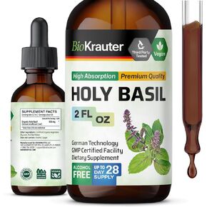 Holy Basil Tincture - Tulsi Powder Liquid Extract - Supports Calmness and Relaxation - Ursolic Acid Supplement - Alcohol and Sugar Free Holy Basil Extract - Vegan Drops 4 Fl.Oz.