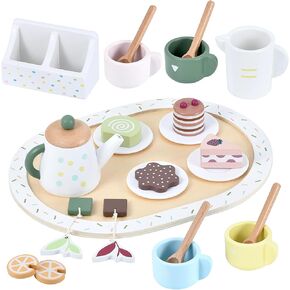 WHOHOLL Wooden Toy Kitchen & Play Dishes Set, Montessori Kitchen Toys for Girls and Boys, Pretend Play Kitchen Accessories Toddler Cooking Toys for Kids Ages 1-5 - Christmas Birthday Gift Sets