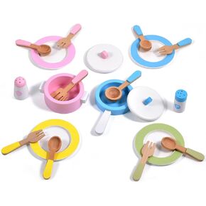 WHOHOLL Wooden Toy Kitchen & Play Dishes Set, Montessori Kitchen Toys for Girls and Boys, Pretend Play Kitchen Accessories Toddler Cooking Toys for Kids Ages 1-5 - Christmas Birthday Gift Sets