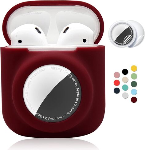 2 in 1 Silicone Protective Skin Cover Compatible with AirPod 1&2 and AirTag, Soft Comprehensive Protective Case with 2 PCS TPU Screen Protector, Anti-Scratch Anti-Fall Anti-Lost(Black) in Kuwait