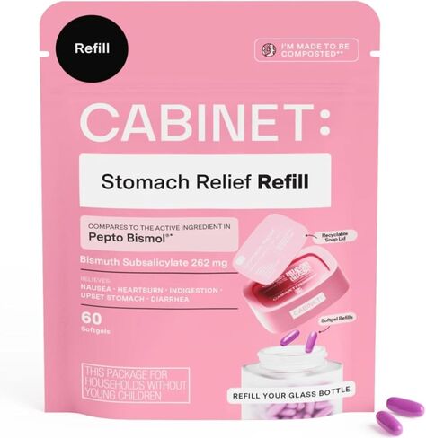 Cabinet: Stomach Relief Bismuth Subsalicylate 262mg, 60 Count | Anti-Diarrheal Relief for Upset Stomach, and Indigestion (Refill Pouch) in Saudi Arabia