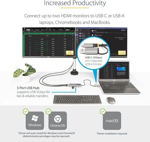 ستارتيك.كوم محول USB-C الى HDMI مزدوج - USB-C او A الى شاشتين HDMI - 4K 60Hz - 100 واط PD ممر من خلال- كيبل مدمج بطول 1 قدم (30 سم) - محول USB الى HDMI متعدد الشاشات للابتوب (109B-USBC-HDMI) in Kuwait