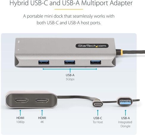 ستارتيك.كوم محول USB-C الى HDMI مزدوج - USB-C او A الى شاشتين HDMI - 4K 60Hz - 100 واط PD ممر من خلال- كيبل مدمج بطول 1 قدم (30 سم) - محول USB الى HDMI متعدد الشاشات للابتوب (109B-USBC-HDMI) in Kuwait