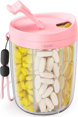 Pill Dispenser with Anti-Mixing & Wide Openings Design, Large Pill Bottle Organizer Holds Monthly Vitamins, Travel-Friendly Supplement Organizer Easy to Fill & Retrieve with a Handle, 20 Blank Labels in Kuwait