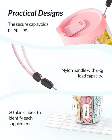 Pill Dispenser with Anti-Mixing & Wide Openings Design, Large Pill Bottle Organizer Holds Monthly Vitamins, Travel-Friendly Supplement Organizer Easy to Fill & Retrieve with a Handle, 20 Blank Labels in Kuwait