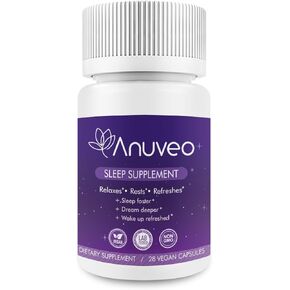 Anuveo Natural Sleep Aid | Non-Habit Forming | Herbal Sleep Supplement for Better Sleep, Stress Relief with Magnesium, Ashwagandha, Melatonin, GABA | Sleeping Pills for Adults (60 Vegan Capsules)