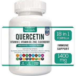 Quercetin with Bromelain, 18 in 1 Supplements Zinc Elderberry Vitamin C & D 5000 IU, Artemisinin, Irish Sea Moss, Echinacea, Garlic, Turmeric, Reishi, Ginger Powder, 1400 mg