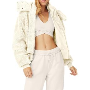 Tankaneo Womens Winter Sherpa Cropped Jackets Cozy Zipper Fleece Coats with Hooded