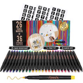 Mosaiz Dual Tip Fabric Markers, 20 Chisel and Fine Tip Markers Fabric Paint Pens for Fabric Decorating with Gold and Silver Colors including Numbers and Letter Stencils in Kuwait