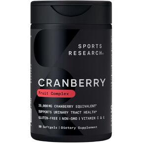 Sports Research Cranberry Fruit Complex Supplement - Softgels for Urinary Tract Health Support - Equal to 25,000mg of Cranberries, Made with Pacran & Vitamins C & E - Non-GMO & Gluten Free - 90 Count
