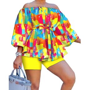 A ADILACA Off The Shoulder Shirt and Short Set, Plus Off Shoulder Lantern Sleeve Tie Front Blouse & Shorts Set
