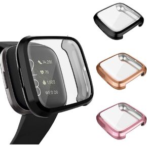3 Pack Screen Protector Compatible Fitbit Versa 2 Case, GHIJKL Ultra-Thin Slim Soft TPU Protective Case All-Around Full Cover Bumper Shell for Fitbit Versa 2 Smartwatch, Black, Rose Gold, Rose Pink