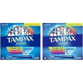 Tampax Pearl Tampons Trio Pack, Super/Super Plus/Ultra Absorbency with BPA-Free Plastic Applicator and LeakGuard Braid, Unscented, 34 Count
