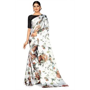 Digital Flower Printed Soft Satin Saree With Unstitched Blouse