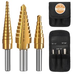 KENDO 5PCS Step Drill Bits with Automatic Center Punch - Black and Gold, High Speed Steel Unibit Step Drill Bit Set, Total 50 Sizes HSS Titanium Step Bits for Metal, DIY Lovers with Aluminum Case