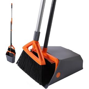 Commercial Broom and Dustpan Set with Long Handle, Outdoor Heavy Duty Broom and Dustpan for Rubbish Leaves Dog Pooper Scooper, Widely used in Courtyards, Garden, Gym,Hotels, Restaurants,Grey