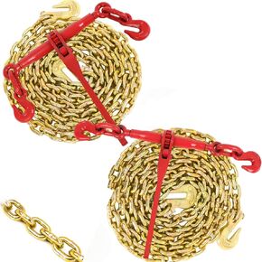 3/8" to 1/2" Ratchet Chain Binder 9200LBS with G80 3/8" X 10FT Binder Chain 5400LBS,with Grappling Hook,for Tie Down Heavy Loads to a Truck or Flatbed Trailer (2 Set)