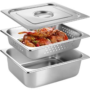 3 Pack Half Size 4 Inch Hotel Pan with Lids 2.6 Inch Perforated Steam Pan Stainless Steel Restaurant Pans for Restaurants, Cafeteria, Kitchen