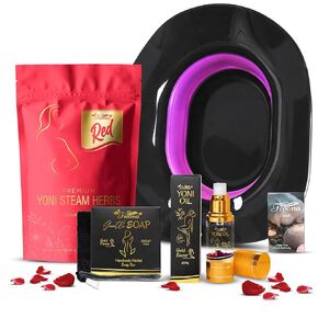 Fivona Yoni Care Kit 5 in 1 Feminine Steaming Set Includes Natural Oil Blend, Sitz Bath Seat, V Steaming Herbs, Herbal Soap and Storage Bag - Effective Detox pH Balance Cleansing and Moisturizing