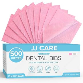 JJ CARE Dental Bibs [Pack of 500] - 13" x 18" Pink Dental Bibs, 3 Ply Waterproof Dentist Bibs, Dental Bibs Disposable for Eyelash Extension, Patient Bibs for Nail Art, Dental Napkins for Piercing