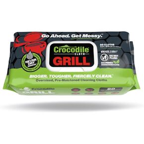 Crocodile Cloth Grill - 80 (15" x 10") Biodegradable Cleaning Wipes. Safe on Skin & Multiple Surfaces. Infused with Aloe & Vitamin E. Large, Pre-Moistened & Absorbent.