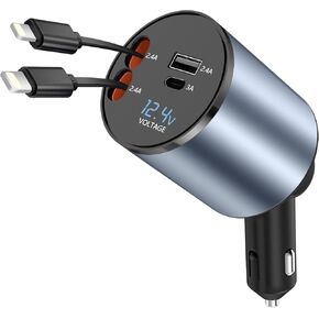 Paiholy 4 in 1 Retractable Car Charger,66W Super Fast Car Charger with Dual iPhone Retractable Cables Dual USB Ports,Voltage Display Car Charger Compatible with iPhone 14/13/12/11 Pro Max/XS MAX,iPad