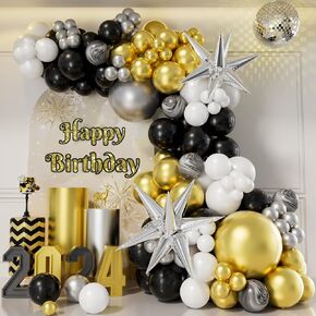 AobkDeco New Years Eve Party Supplies 2024 Black and Gold Balloon Arch Kit with Silver Explosion Star Agate Balloon for New Year Eve Graduation retirement Party Birthday Anniversary Party Supplies