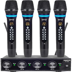 ZERFUN G8 Rechargeable Wireless Microphone System 4 Channel, UHF Metal Karaoke Cordless Mics Professional Handheld for Singing Church, VOL Control, 4x50 Adjustable Frequency,1/8,1/4,XLR Output