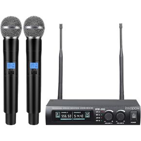 innopow Wireless Microphone System, Dual UHF Metal Cordless Mic Set, Long Distance 150-200Ft,16 Hours Continuous, Fixed Frequency, Use for Karaoke Singing, Family Party,Church(WM200)