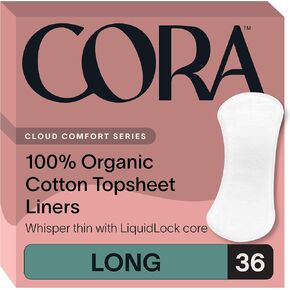 Cora Period Liners | 100% Organic Cotton Topsheet | Ultra Thin, Quick Absorbency | Hypoallergenic | Dermatologically Tested | Unscented, No Wings (144 Long Liners)