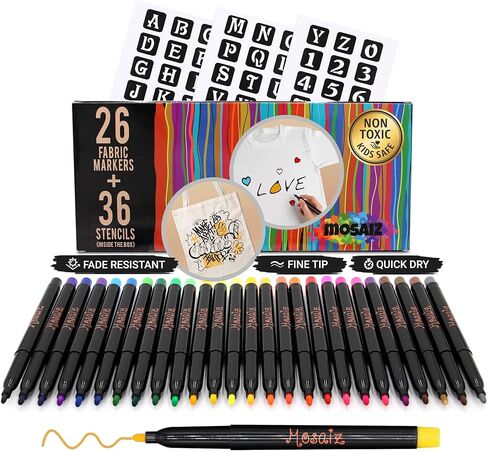 Mosaiz Dual Tip Fabric Markers, 20 Chisel and Fine Tip Markers Fabric Paint Pens for Fabric Decorating with Gold and Silver Colors including Numbers and Letter Stencils in Kuwait