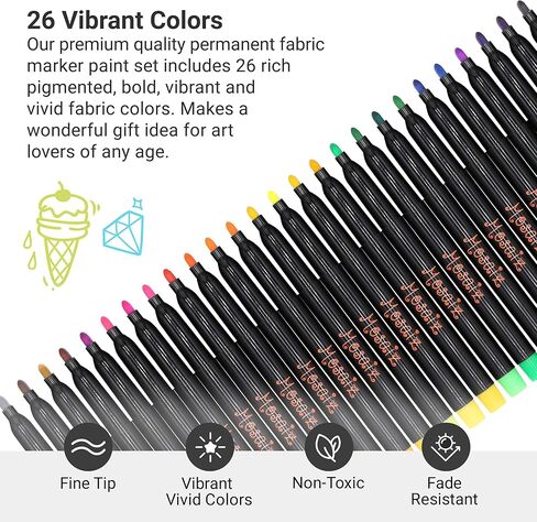 Mosaiz Dual Tip Fabric Markers, 20 Chisel and Fine Tip Markers Fabric Paint Pens for Fabric Decorating with Gold and Silver Colors including Numbers and Letter Stencils in Kuwait