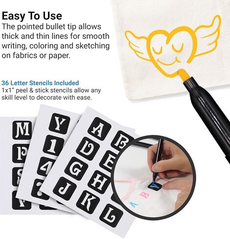 Mosaiz Dual Tip Fabric Markers, 20 Chisel and Fine Tip Markers Fabric Paint Pens for Fabric Decorating with Gold and Silver Colors including Numbers and Letter Stencils in Kuwait