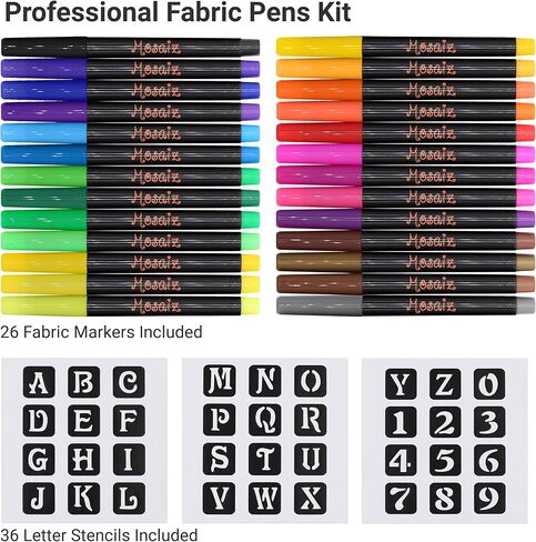 Mosaiz Dual Tip Fabric Markers, 20 Chisel and Fine Tip Markers Fabric Paint Pens for Fabric Decorating with Gold and Silver Colors including Numbers and Letter Stencils in Kuwait