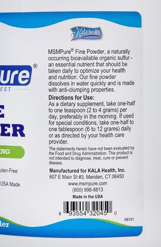Kala Health MSMPure Fine Powder, 2.2 lb, Fast Dissolving Organic Sulfur Crystals, 99% Pure Distilled MSM Supplement, Made in USA in Saudi Arabia