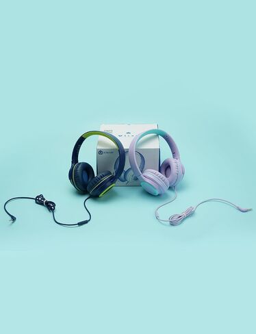 iClever HS22 2-Pack Kids Headphones with Sharing Splitter for School Travel | SafeSound Tech3.0, Share Audio, Tangle-Free, 3.5mm Jack, Foldable, Stereo Sound, Wired Headphones for Kids, Green & Blue in Kuwait