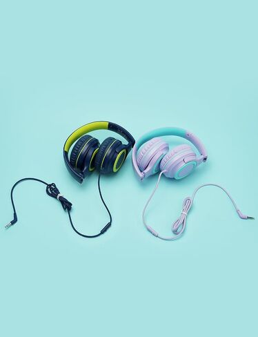 iClever HS22 2-Pack Kids Headphones with Sharing Splitter for School Travel | SafeSound Tech3.0, Share Audio, Tangle-Free, 3.5mm Jack, Foldable, Stereo Sound, Wired Headphones for Kids, Green & Blue in Kuwait