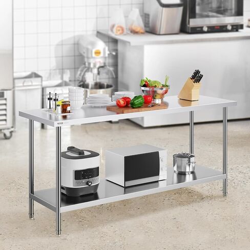 VEVOR Stainless Steel Prep Table, 24 x 72 x 34 Inch, 880 lbs Load Capacity, Heavy Duty Metal Worktable with 3 Adjustable Height Levels, Commercial Workstation for Kitchen Garage Restaurant Backyard in Kuwait
