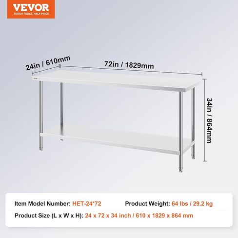 VEVOR Stainless Steel Prep Table, 24 x 72 x 34 Inch, 880 lbs Load Capacity, Heavy Duty Metal Worktable with 3 Adjustable Height Levels, Commercial Workstation for Kitchen Garage Restaurant Backyard in Kuwait