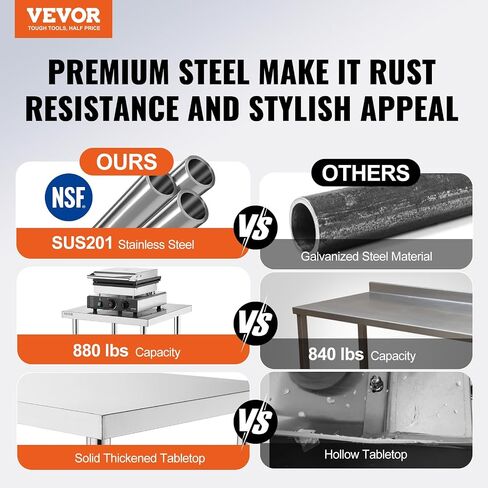 VEVOR Stainless Steel Prep Table, 24 x 72 x 34 Inch, 880 lbs Load Capacity, Heavy Duty Metal Worktable with 3 Adjustable Height Levels, Commercial Workstation for Kitchen Garage Restaurant Backyard in Kuwait