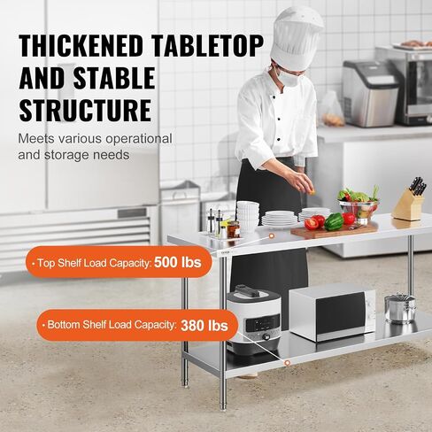 VEVOR Stainless Steel Prep Table, 24 x 72 x 34 Inch, 880 lbs Load Capacity, Heavy Duty Metal Worktable with 3 Adjustable Height Levels, Commercial Workstation for Kitchen Garage Restaurant Backyard in Kuwait