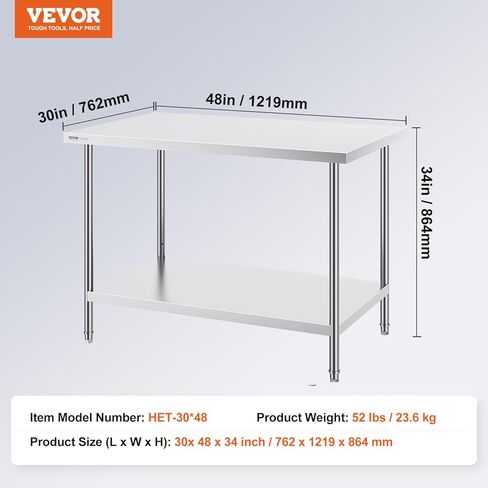 VEVOR Stainless Steel Prep Table, 24 x 72 x 34 Inch, 880 lbs Load Capacity, Heavy Duty Metal Worktable with 3 Adjustable Height Levels, Commercial Workstation for Kitchen Garage Restaurant Backyard in Kuwait