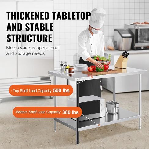 VEVOR Stainless Steel Prep Table, 24 x 72 x 34 Inch, 880 lbs Load Capacity, Heavy Duty Metal Worktable with 3 Adjustable Height Levels, Commercial Workstation for Kitchen Garage Restaurant Backyard in Kuwait