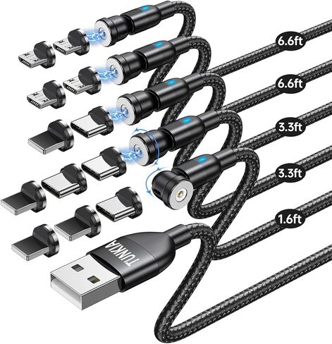 كابل شحن مغناطيسي (4 عبوات، 3.3 قدم/3.3 قدم/6.6 قدم/6.6 قدم)/كابل شحن USB C مغناطيسي يدور 360 درجة و180 درجة مع كابل شاحن LED/مغناطيسي/سلك شاحن هاتف مغناطيسي مجدول من النايلون لمزيد من الأجهزة in Kuwait