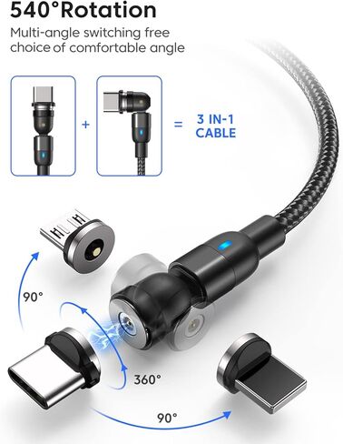 كابل شحن مغناطيسي (4 عبوات، 3.3 قدم/3.3 قدم/6.6 قدم/6.6 قدم)/كابل شحن USB C مغناطيسي يدور 360 درجة و180 درجة مع كابل شاحن LED/مغناطيسي/سلك شاحن هاتف مغناطيسي مجدول من النايلون لمزيد من الأجهزة in Kuwait